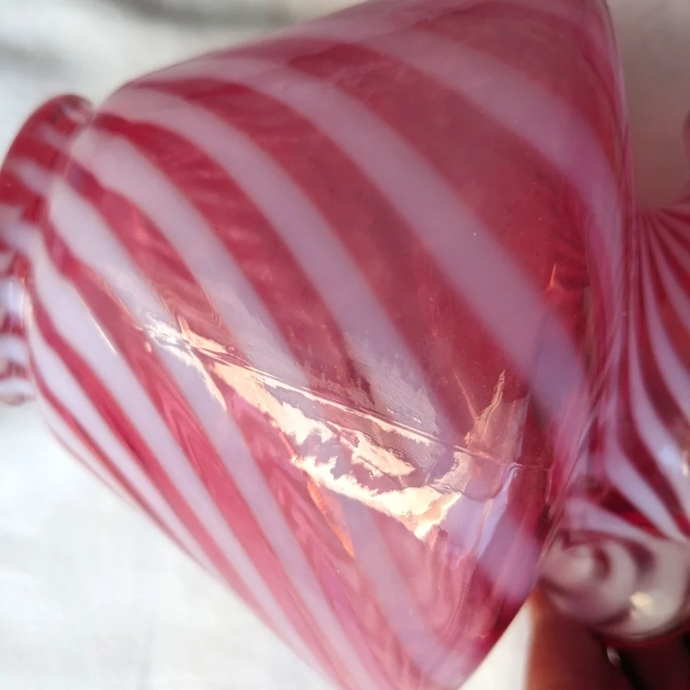 Vintage Cranberry Pink White Candy Cane Handblown Glass Vase Ripple Lip